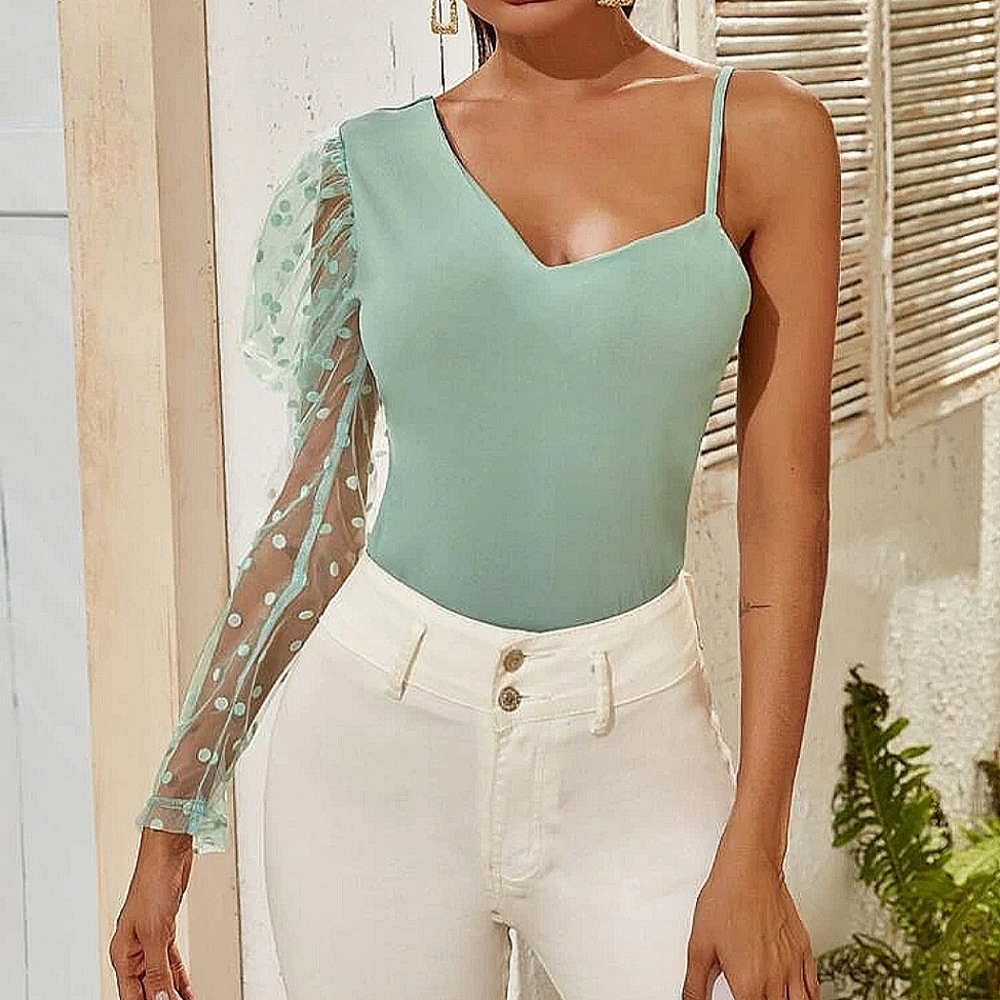 3/$20 New One Shoulder Polka Dot Mesh Sleeve Top Mint Green Womens Size XL